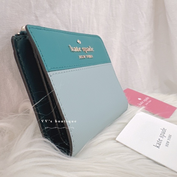 NWT Kate Spade Staci Colorblock Small L-zip Bifold Wallet Teal Green WLR00121 - Picture 5 of 8